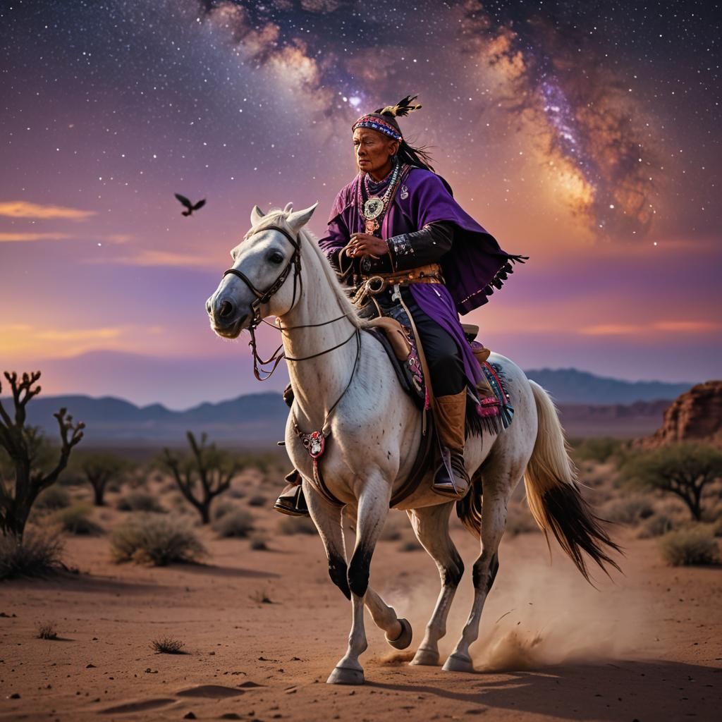 Shaman on Horseback Praying in Desert Galaxy