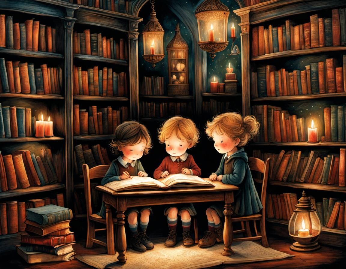 Children in Hogwarts Library in Folk Art Style
