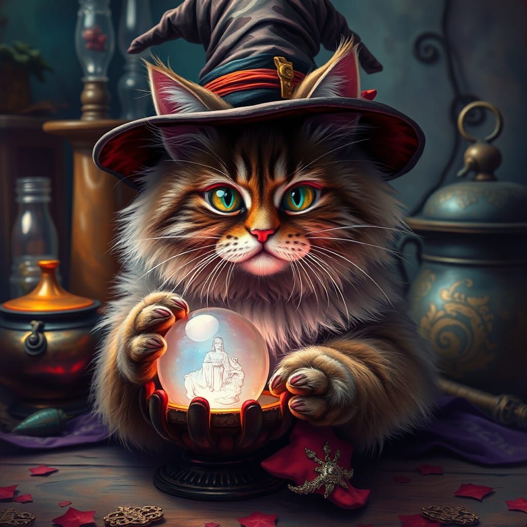 Encaustic Portrait of a Cat Witch With Crystal Ball