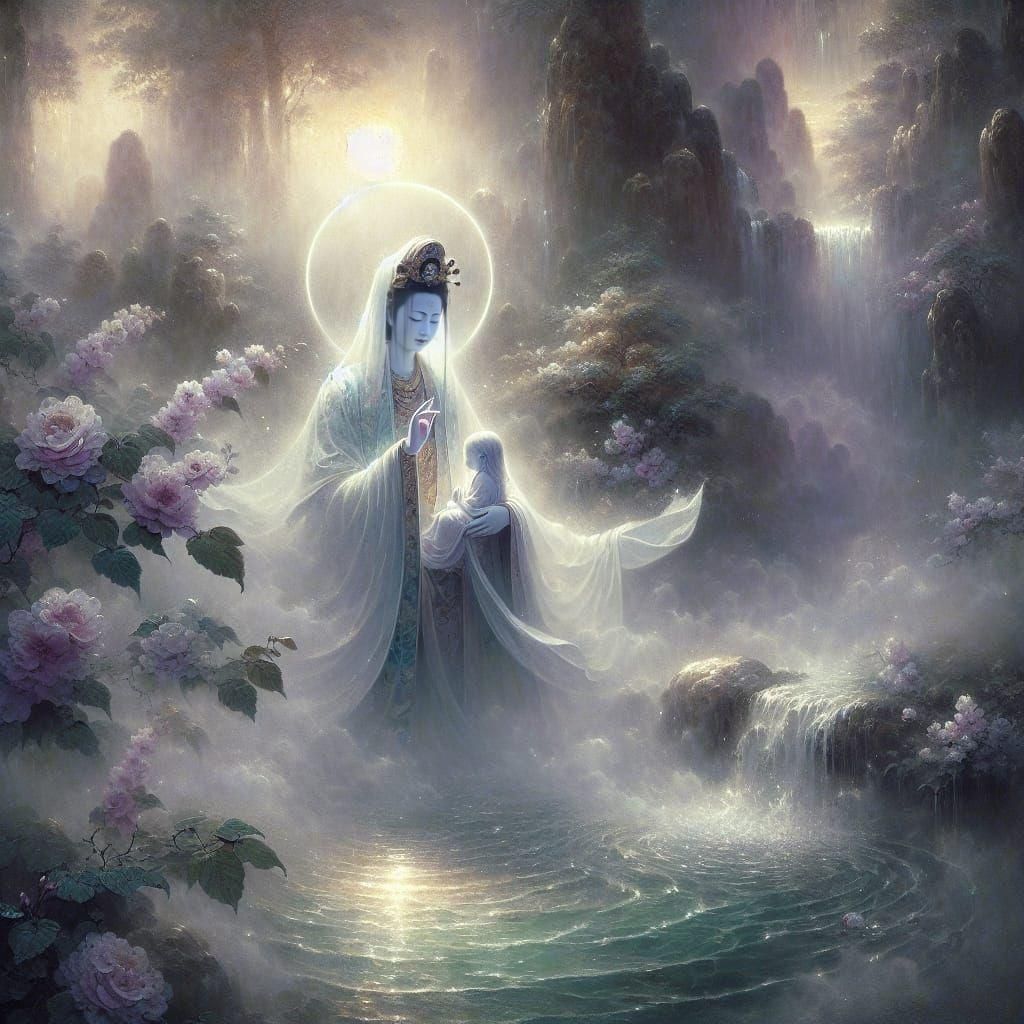 Quan Yin Baptizing a Child in Ukiyo-e Style