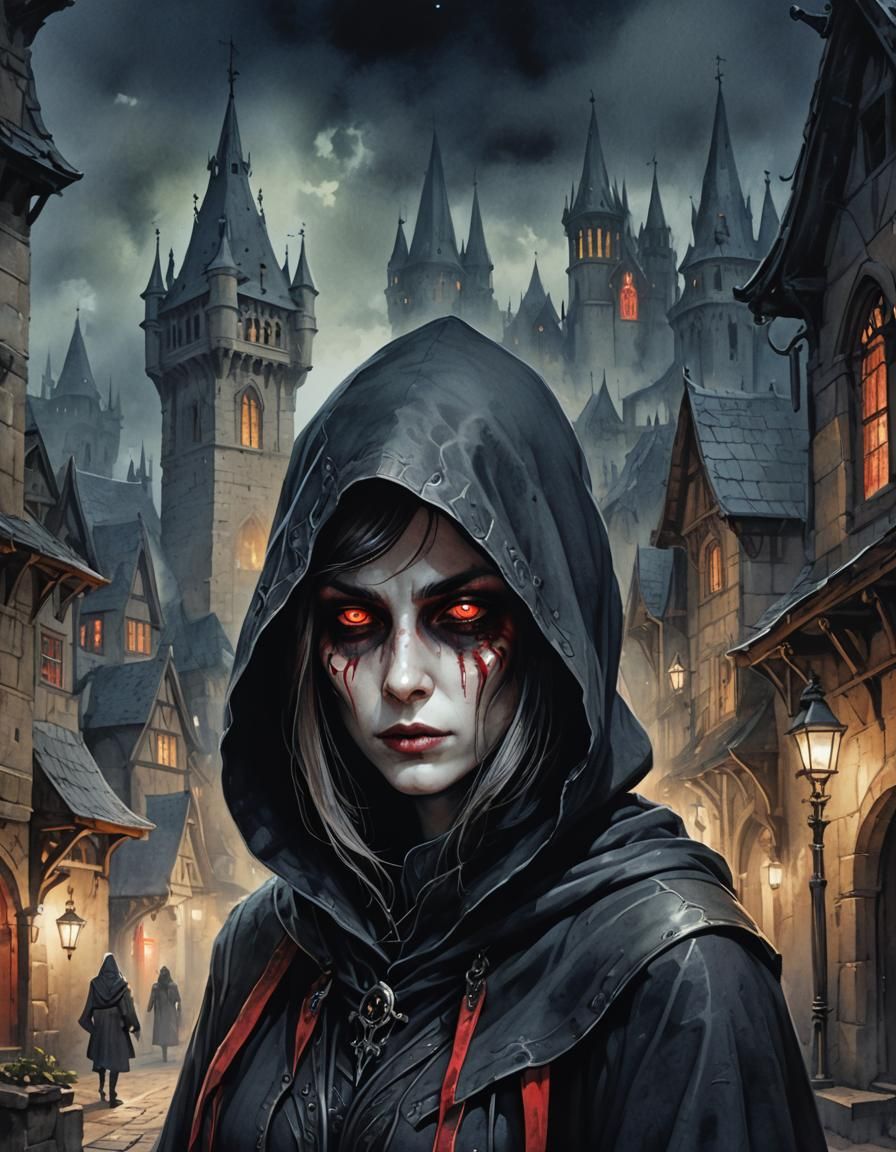 Watercolor Reaper in Medieval City at Night