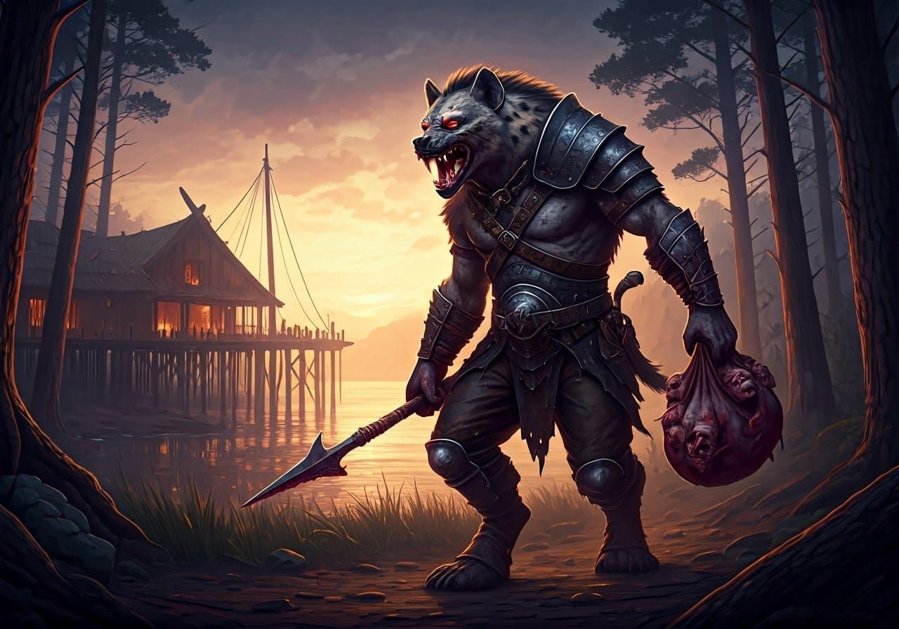 Gnoll Warrior Stalks Dark Fantasy Forest