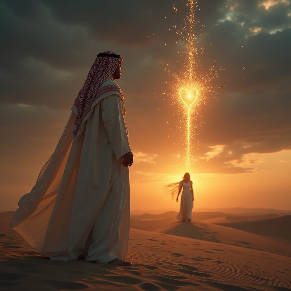 Saudi Man in Desert Twilight: Cinematic Emotional Depth