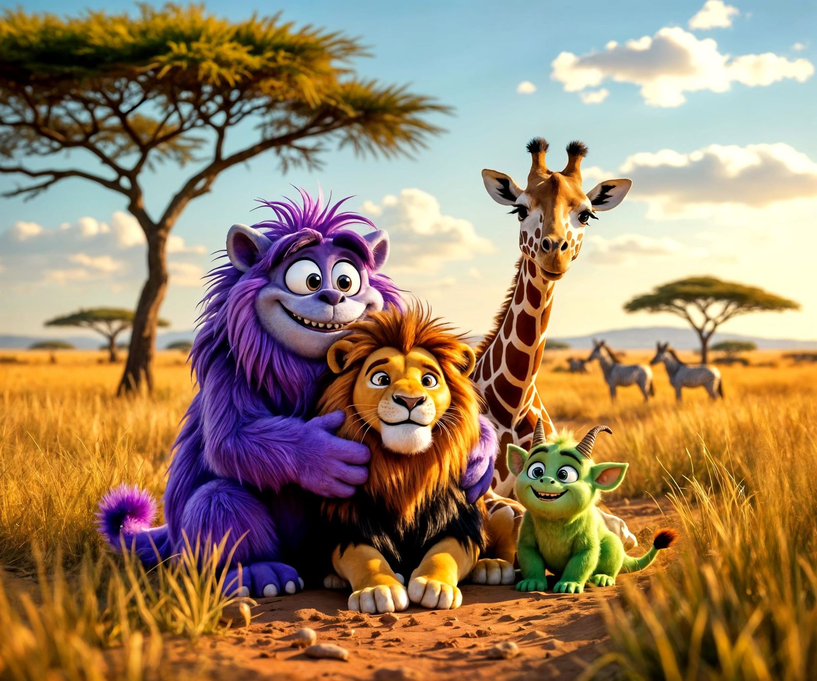 Monsters on African Safari Cuddling Lions and Giraffes