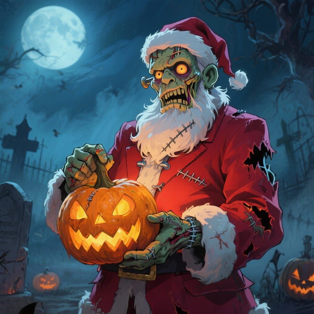 Santa Claus as Frankenstein's Monster with Jack-o'-Lantern