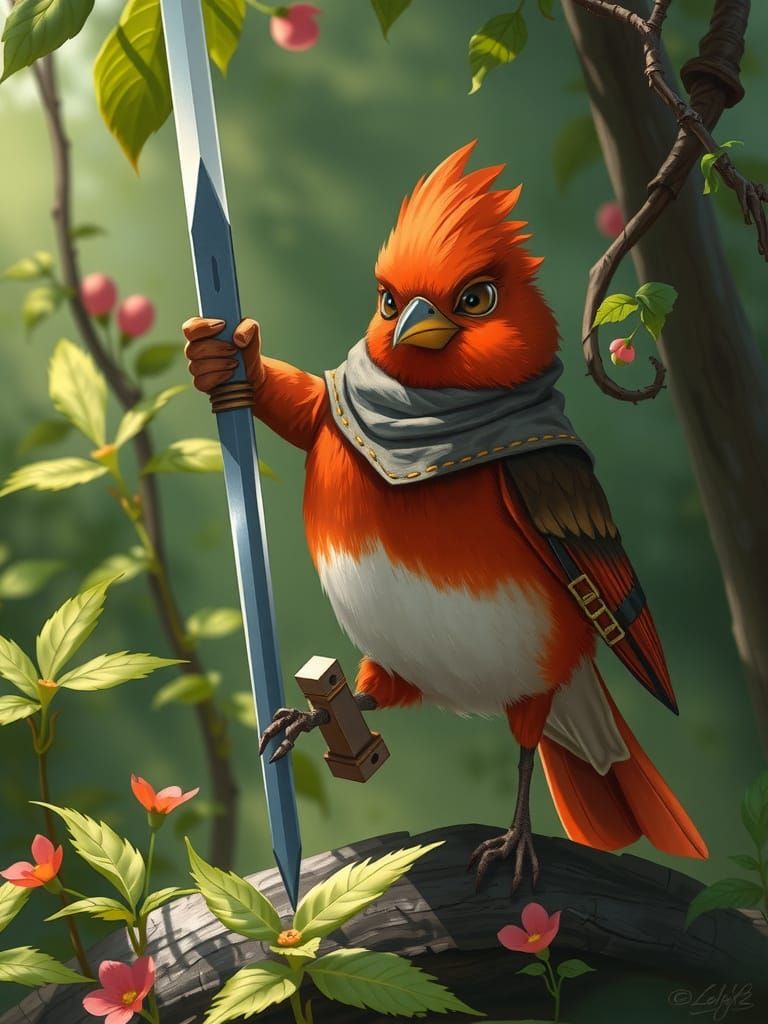 Robin Fencer with Sword in Whimsical Digital Art