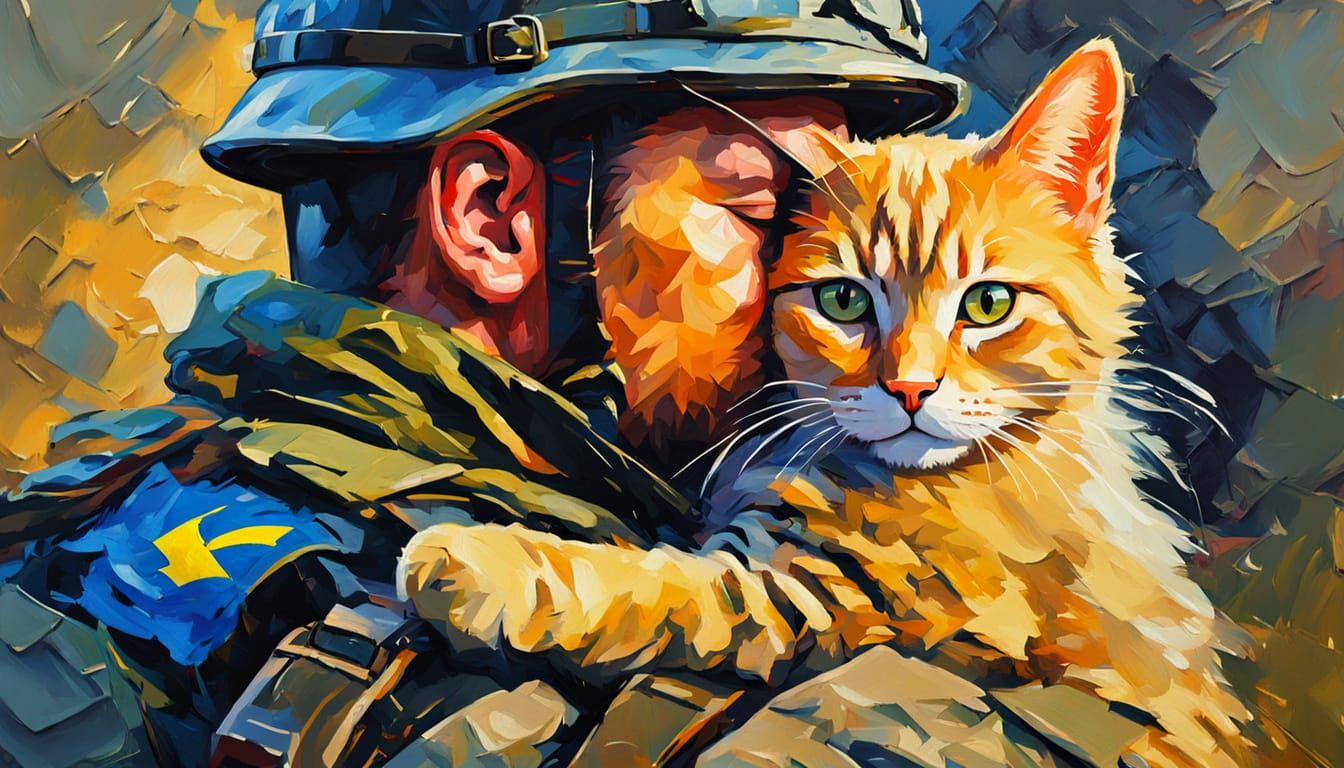 Ukrainian Soldier Hugging Cat: Abstract Oil Painting