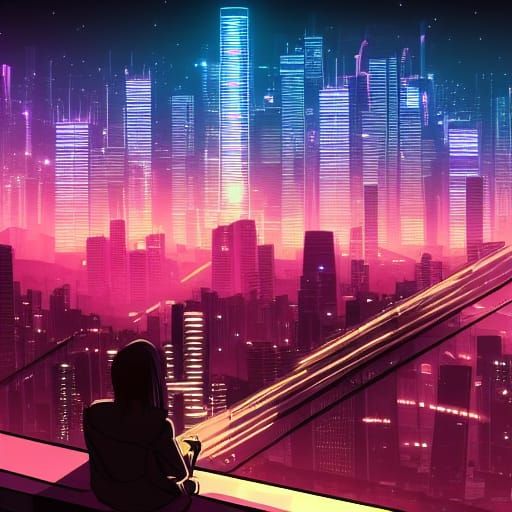Cyberpunk Anime Couple with City View