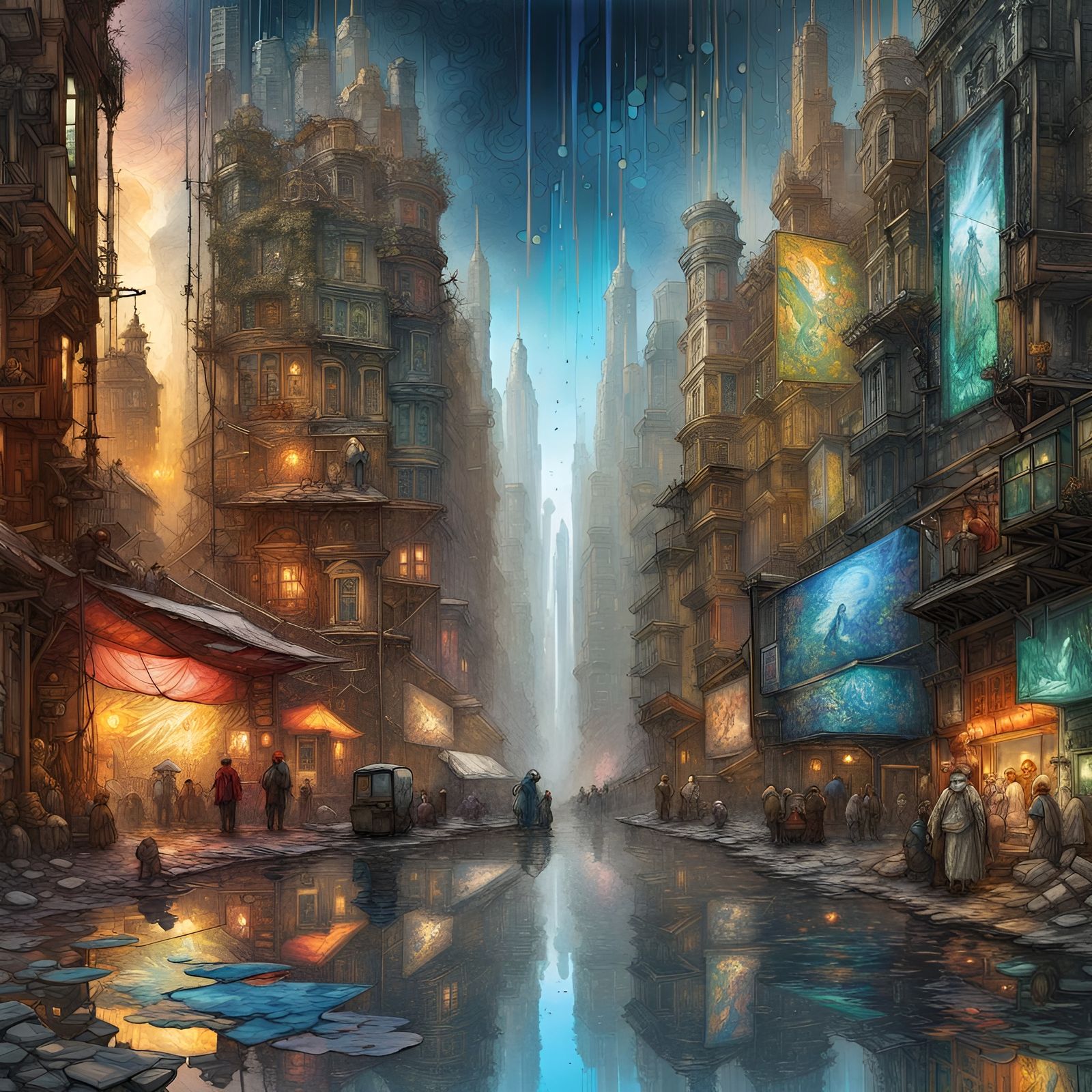 Dystopian Megacity Skyline in Street Art Style