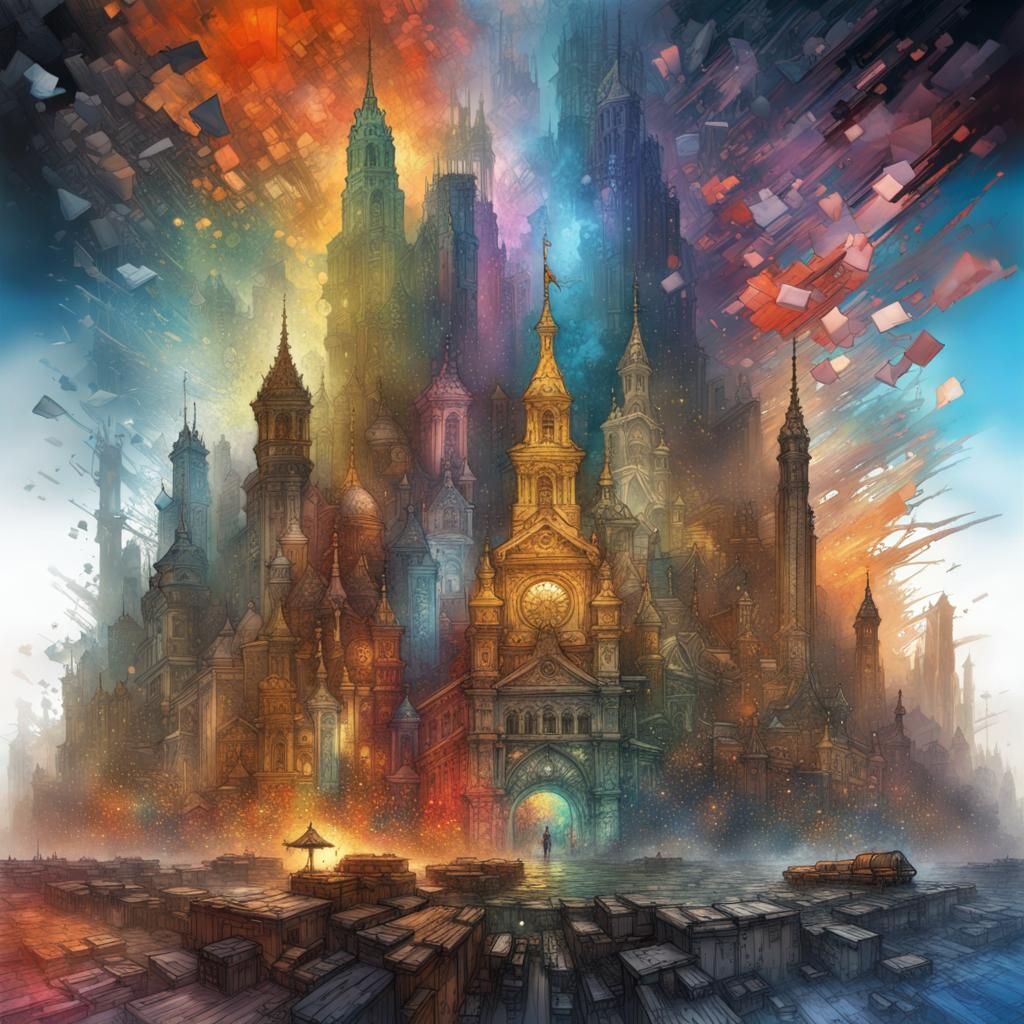 Futuristic Dystopian Megacity in Street Art Style