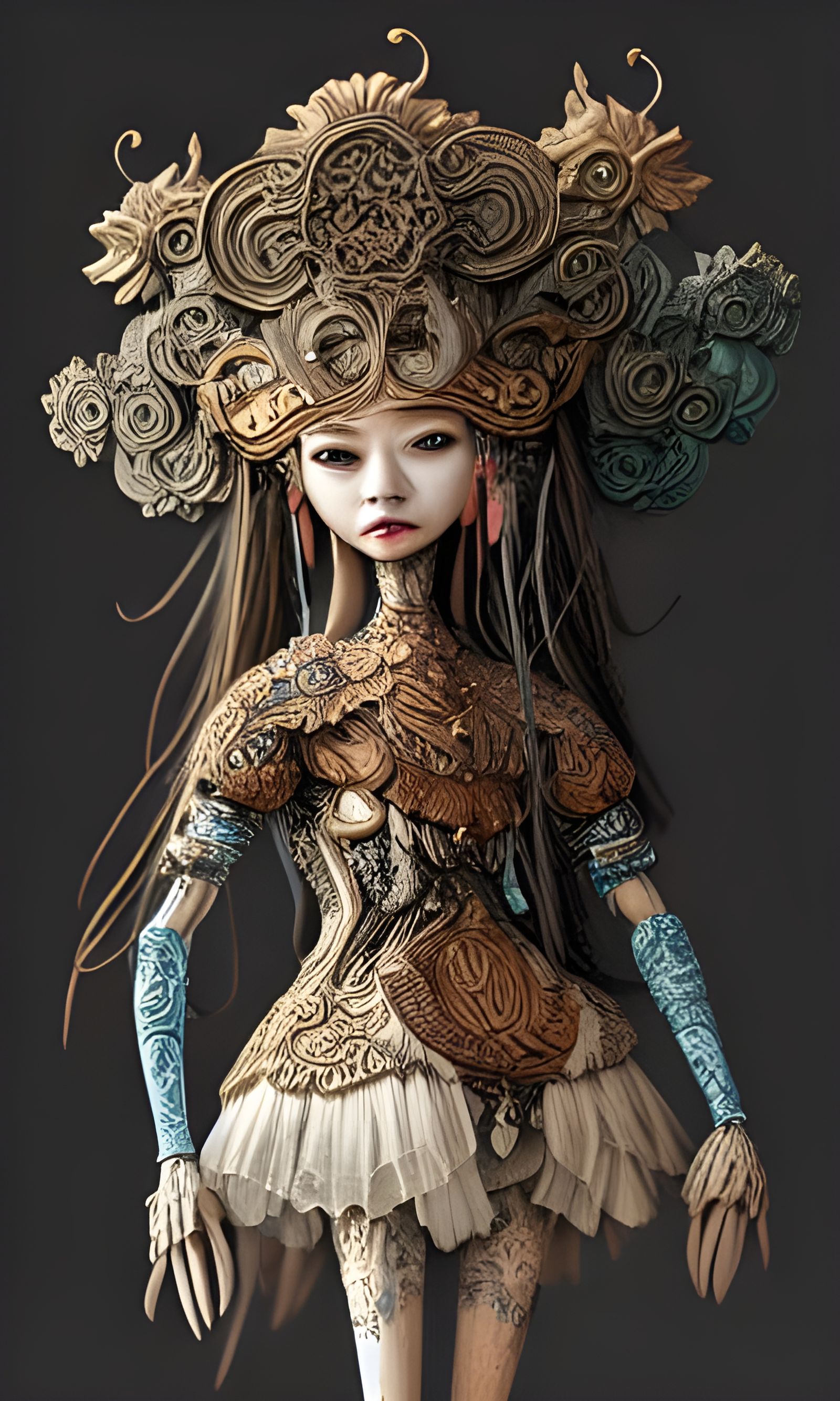Elaborate Wooden Witch Art Doll: Digital Illustration