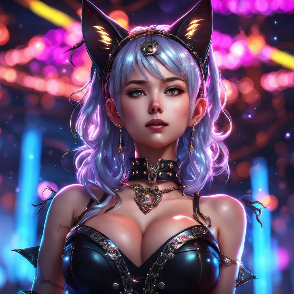 Glamorous Cat Eared Beauty in Neon Dreamscape