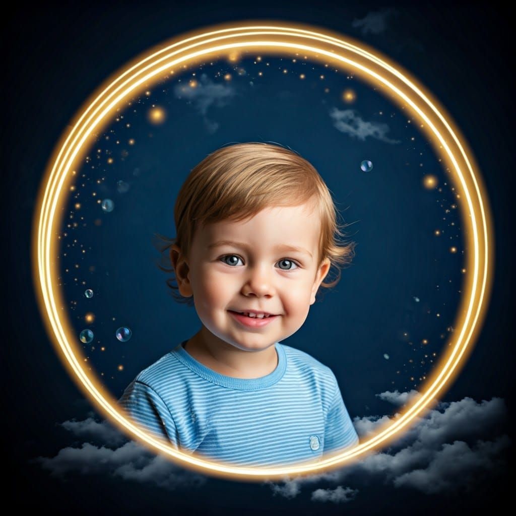 Smiling Boy in Golden Circle with Bubbles