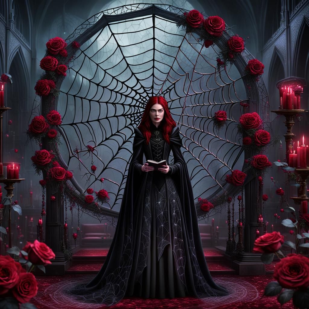 Gothic Witch Casting Spell Amid Crimson Roses