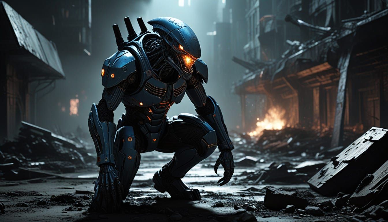 Cyberpunk Alien General Mocks Defeated Human Soldier