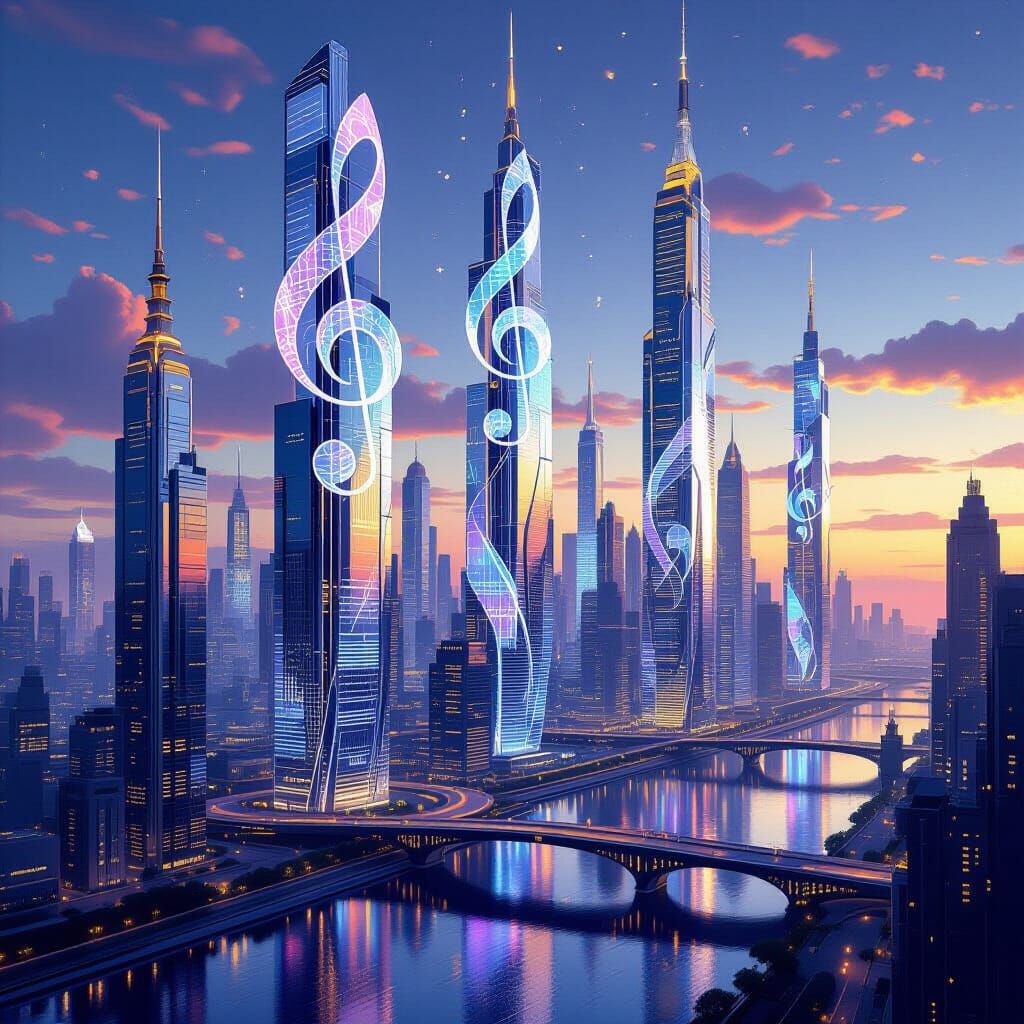 Futuristic Cityscape with Glass Sculptures in Art Deco Style