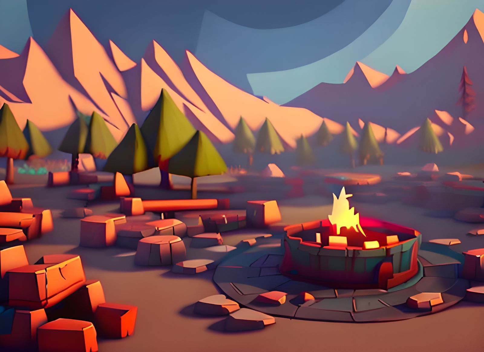 Mountain Campsite in Low Poly Style