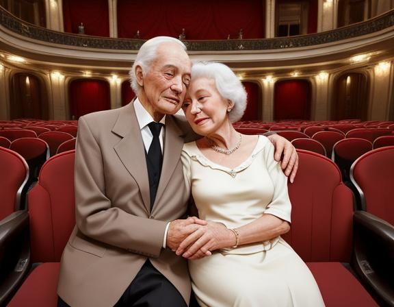 Elegant Elderly Couple Cuddling at the Opera