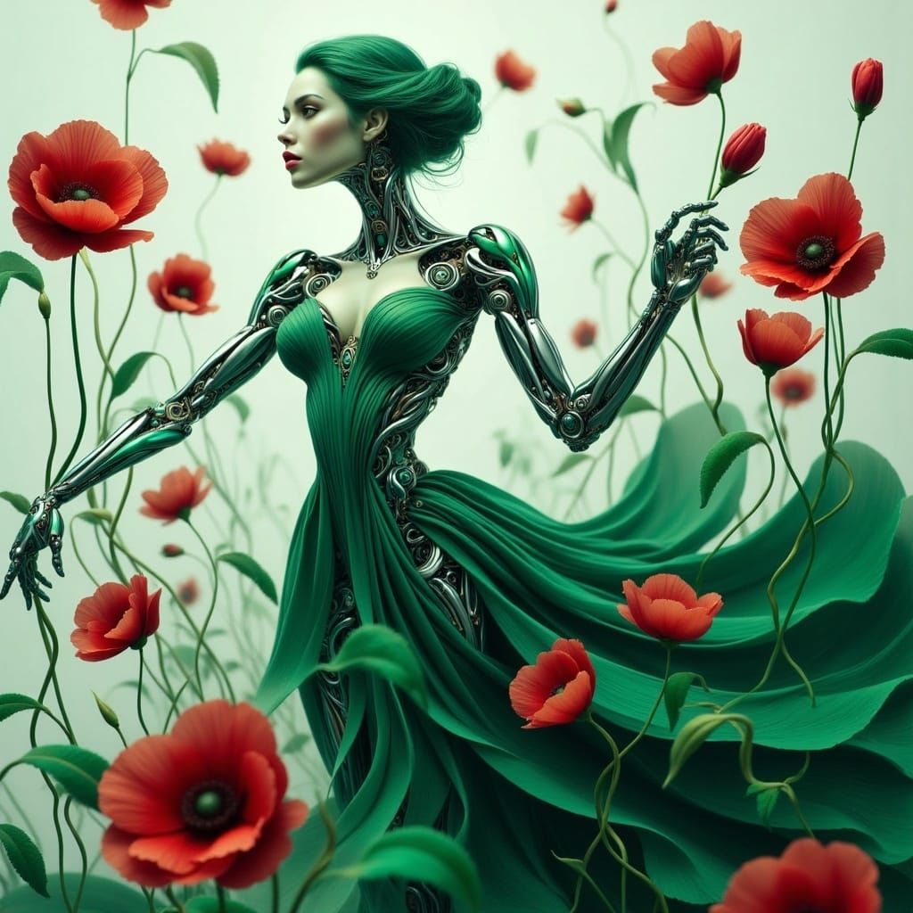Robotic Woman Dancing in Emerald Green Gown