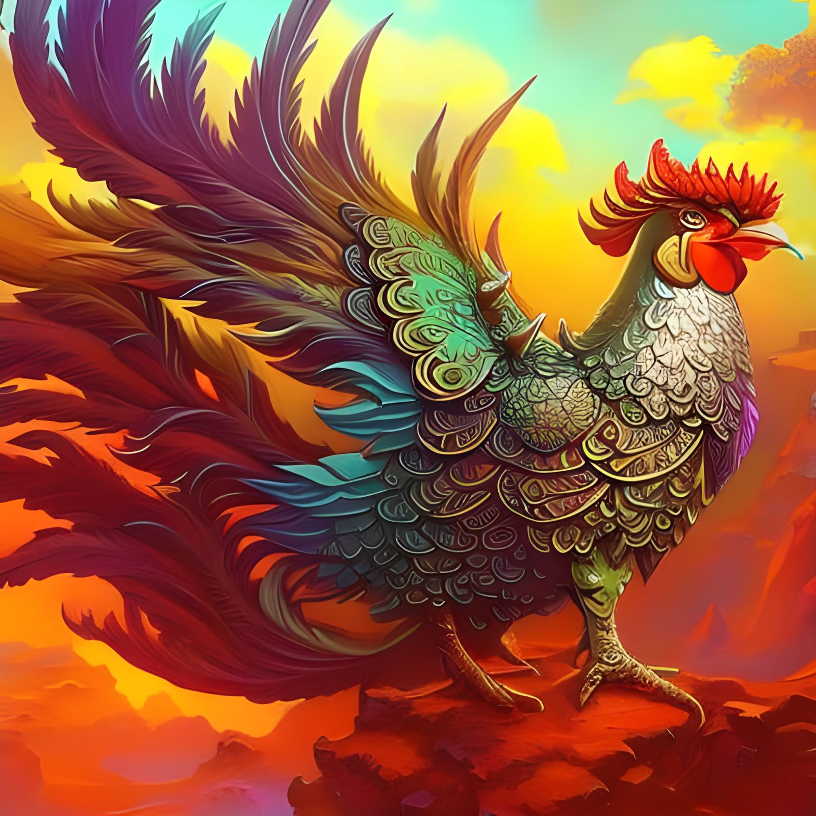 Psychedelic Armored Rooster in Fantasy Style