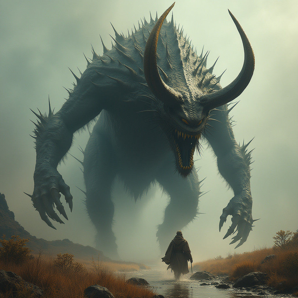 Colossal Monster Chasing Prey in Fantasy World