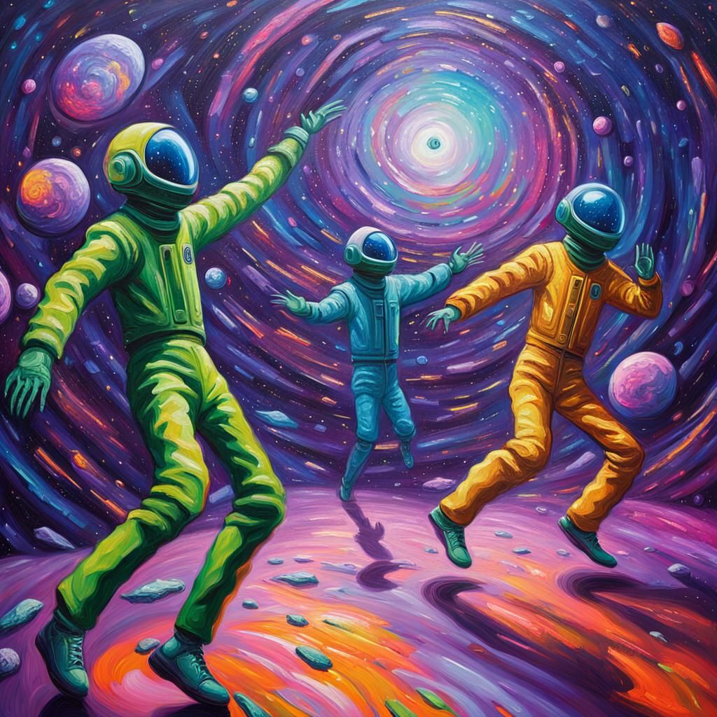 Aliens Dancing in Space: Neo-Impressionist Oil Painting