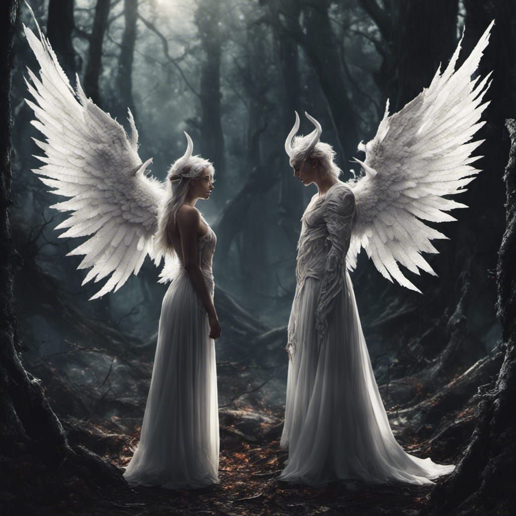 Epic Angel and Demon Encounter in Dark Forest