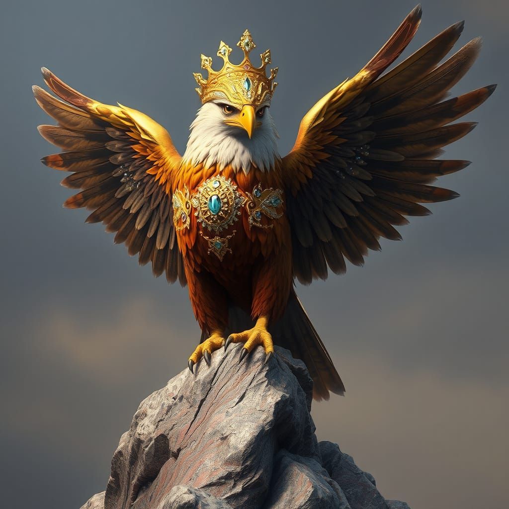 Eagle of Royalty Perched on Marbled Rock in High-Fantasy Sty...