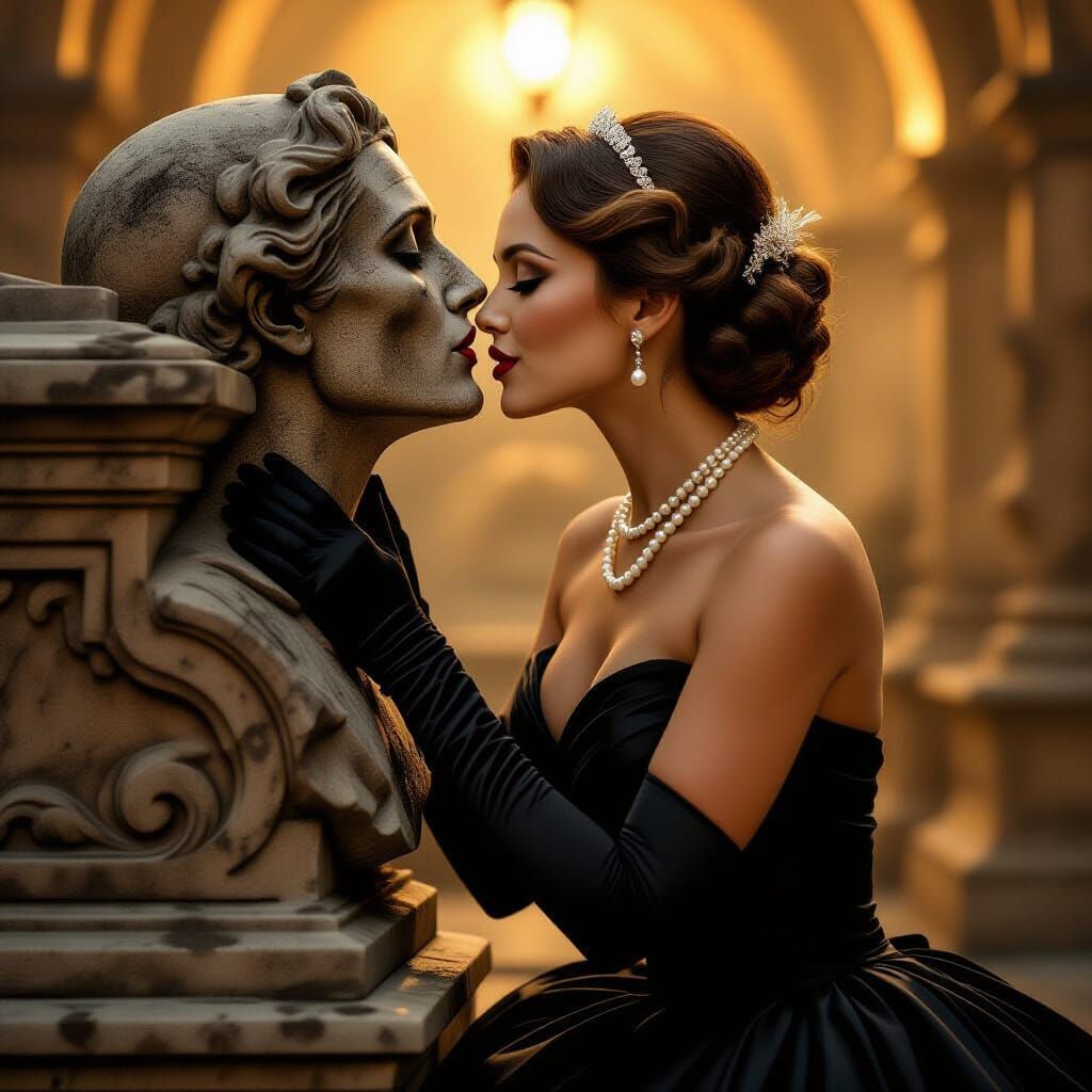 Woman Kisses Tomb in Dramatic Cinematic Lighting