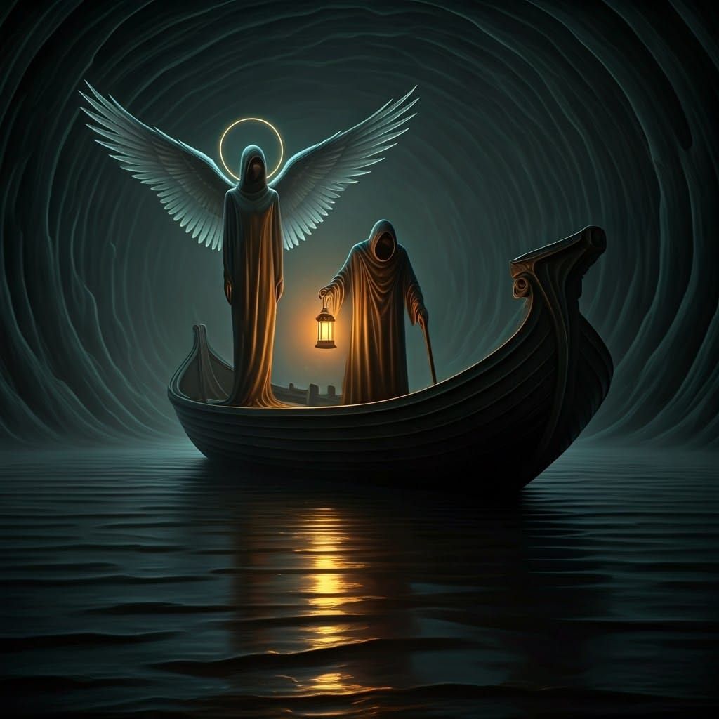 Glowing Guardian of the Underworld in Dark, Mysterious Shado...