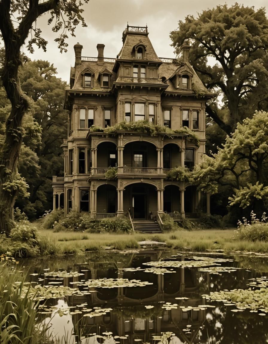 Eerie Abandoned Victorian Mansion in Sepia Tone