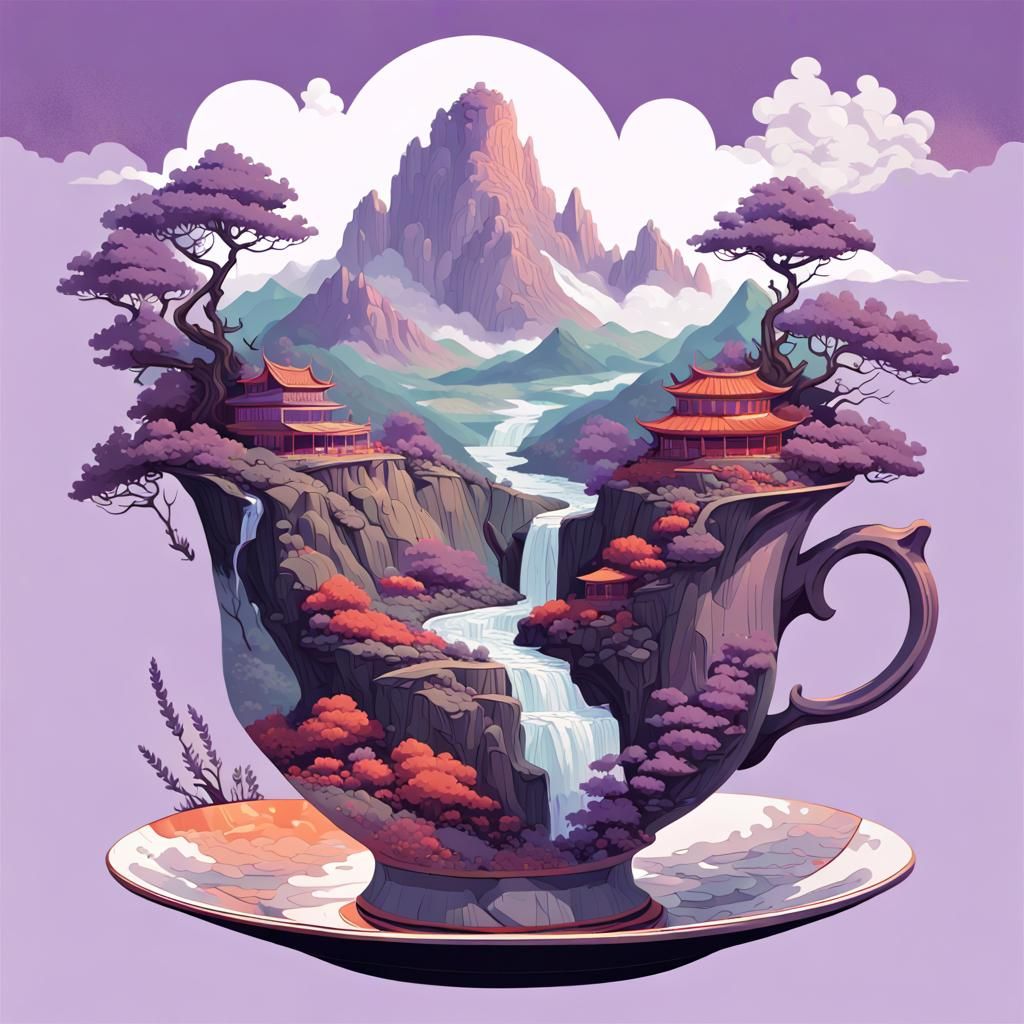 Fantasy Mountain Landscape in a Teacup, Vector Art