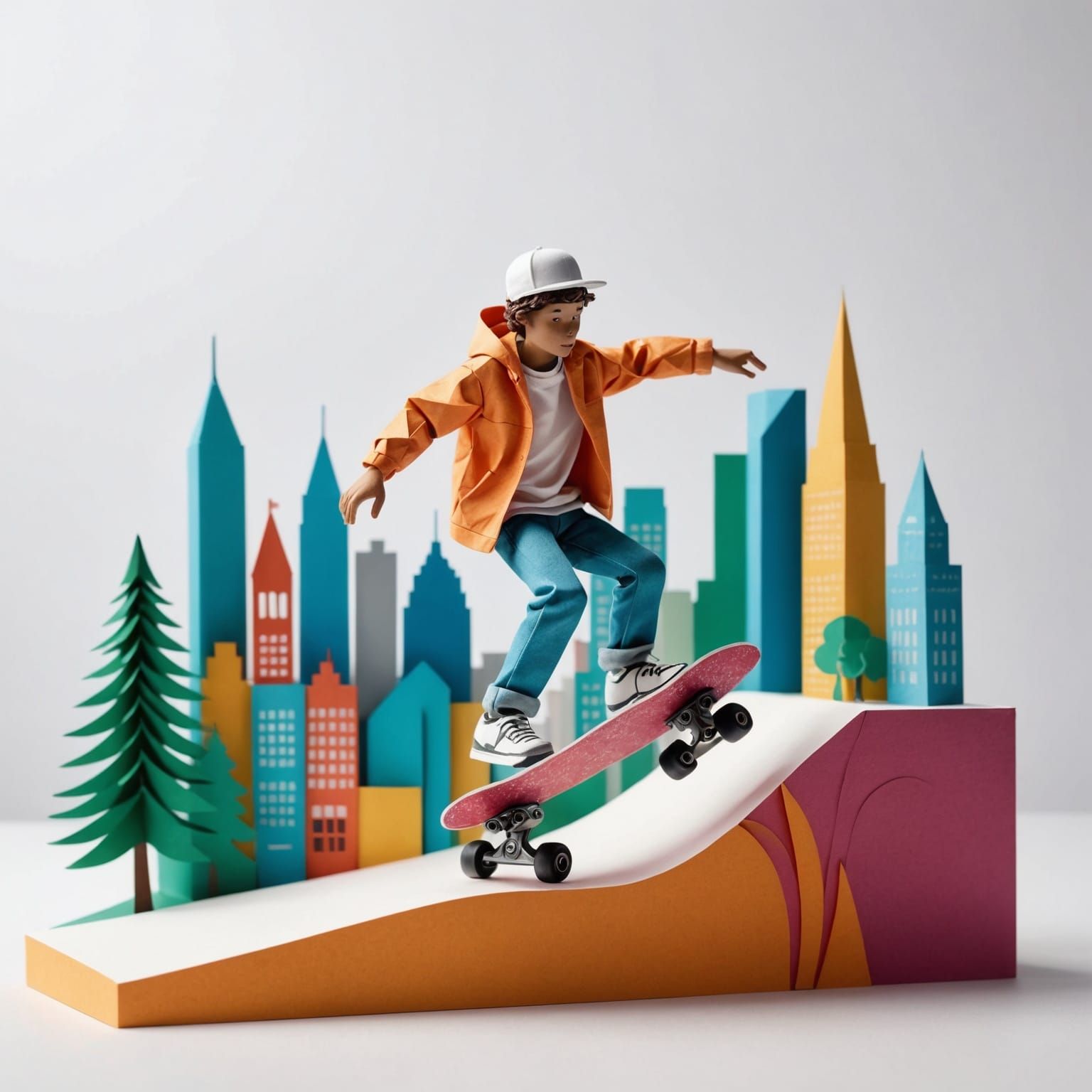 Whimsical photo of a detailed paper craft scene, featuring a miniature skateboarder in mid-trick, intricately cut and fo...