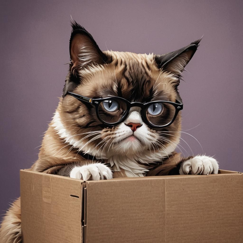 Intelligent Grumpy Cat in Cardboard Box: Hyperrealistic Art