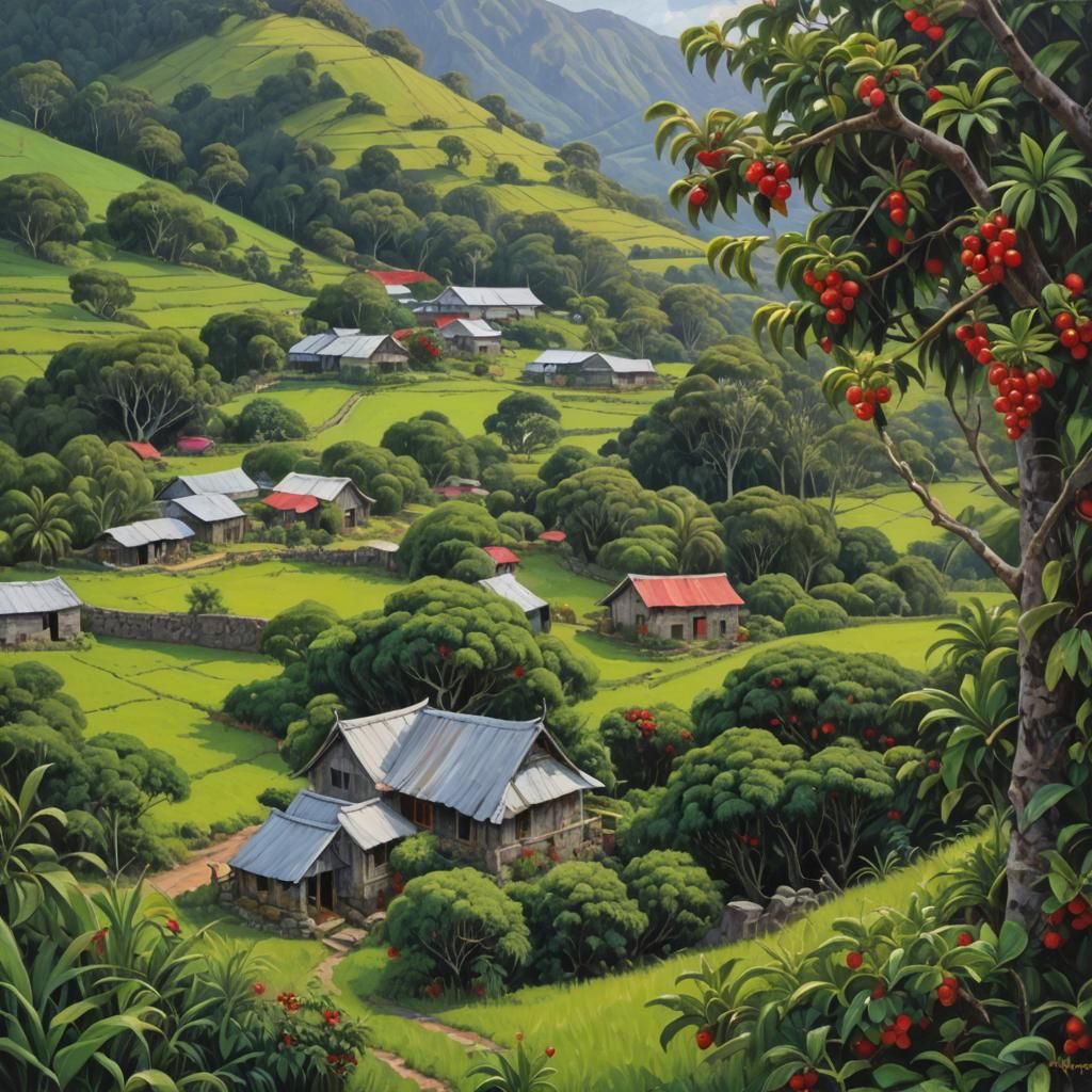 Fantail Bird in Lush Village, Oil Painting