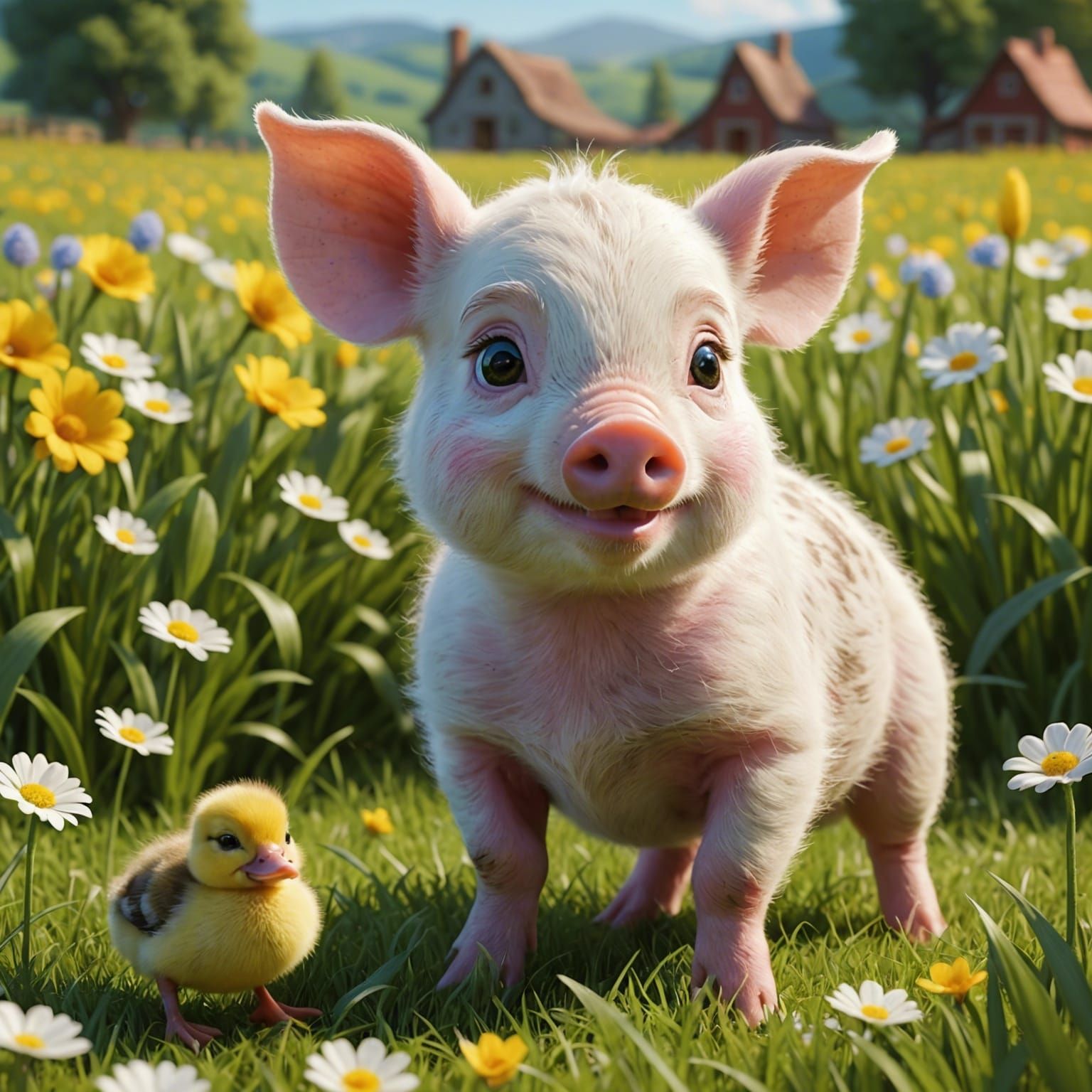 Piglet and Duckling in a Sunny Field