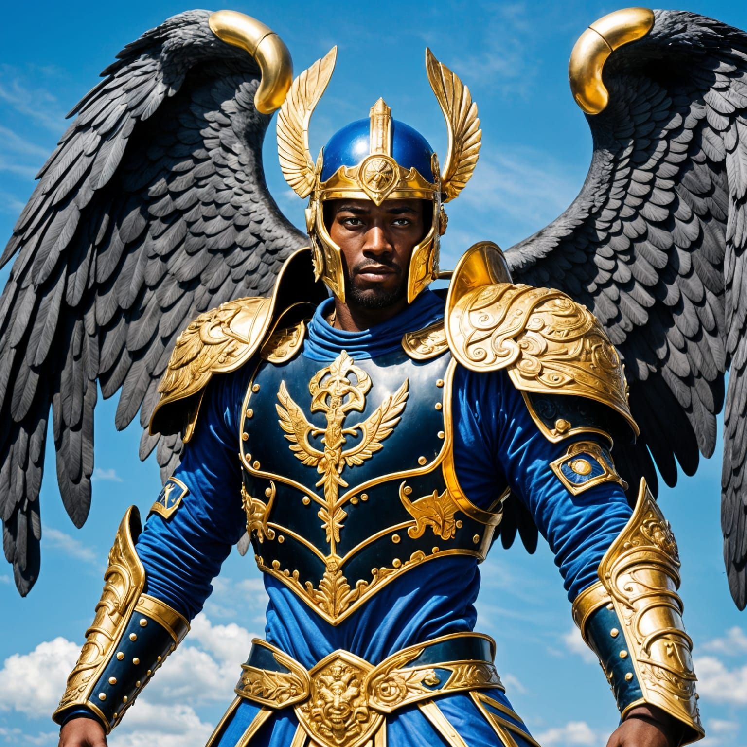 Black Warrior Angel Soaring in Blue Sky