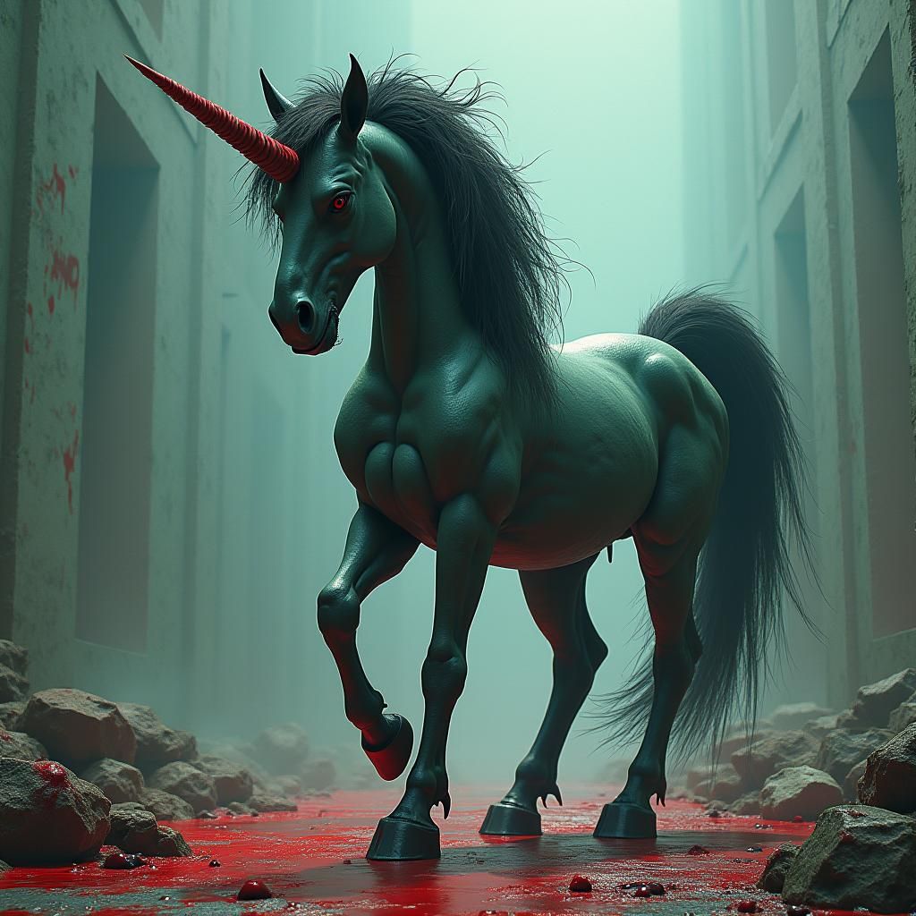 Demonic Unicorn Hybrid in Apocalyptic Landscape