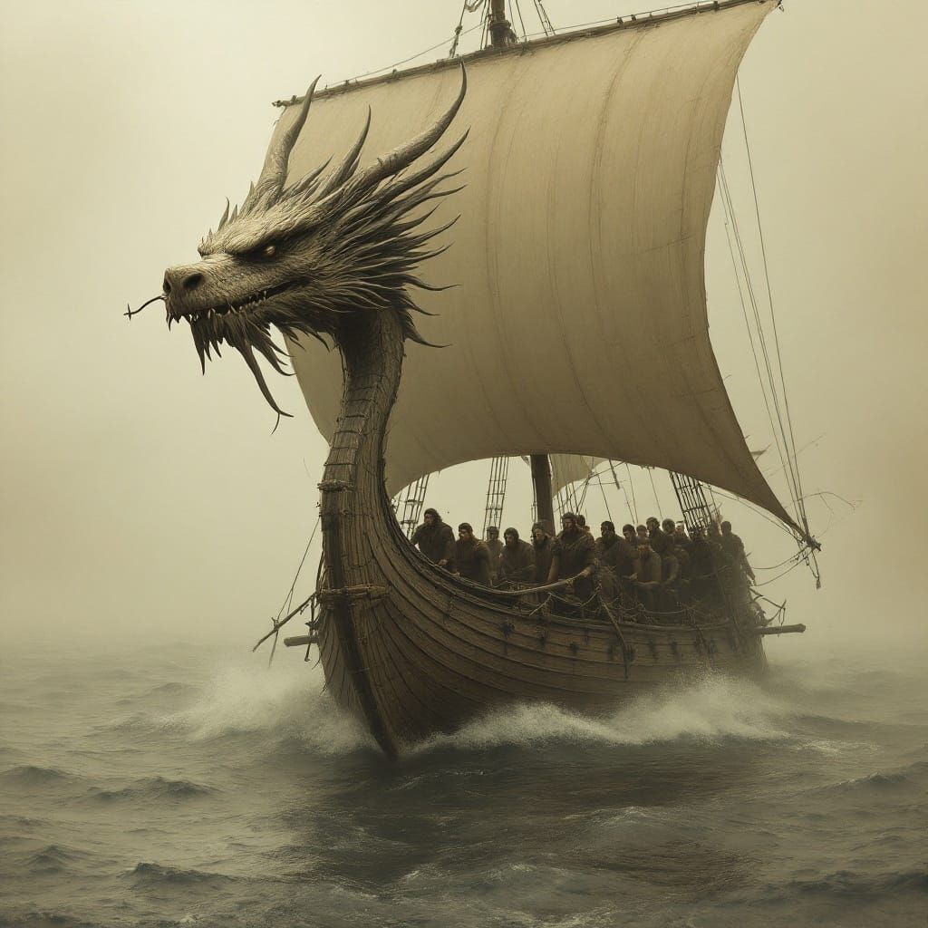 Viking Ship Sails Through Mystical Sepia Tones