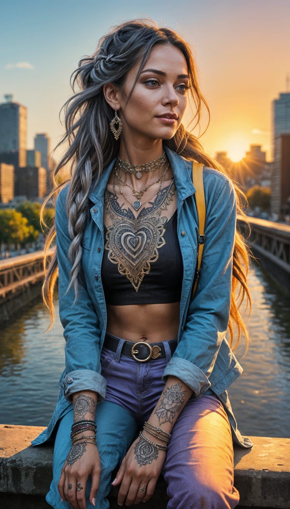 Hyperrealistic Boho Woman on Urban Bridge Ledge