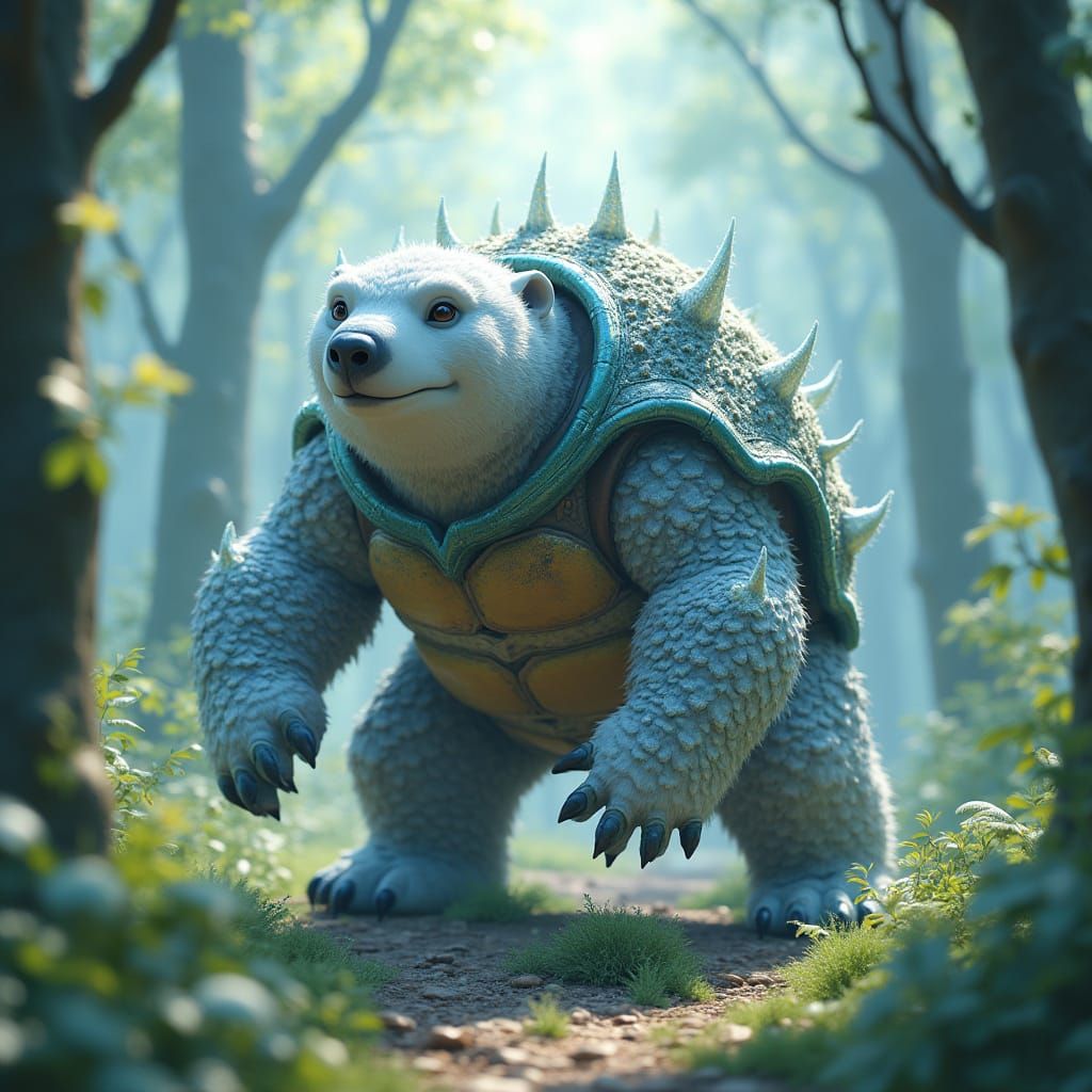 Turtle-Bear Creature in Forest, 3D Anime Art