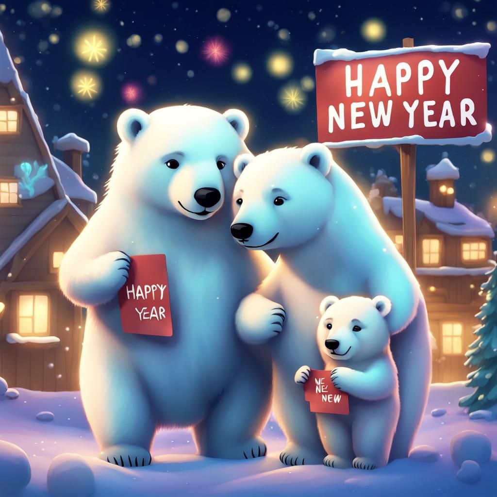Chibi Polar Bears Celebrate New Year Under Aurora