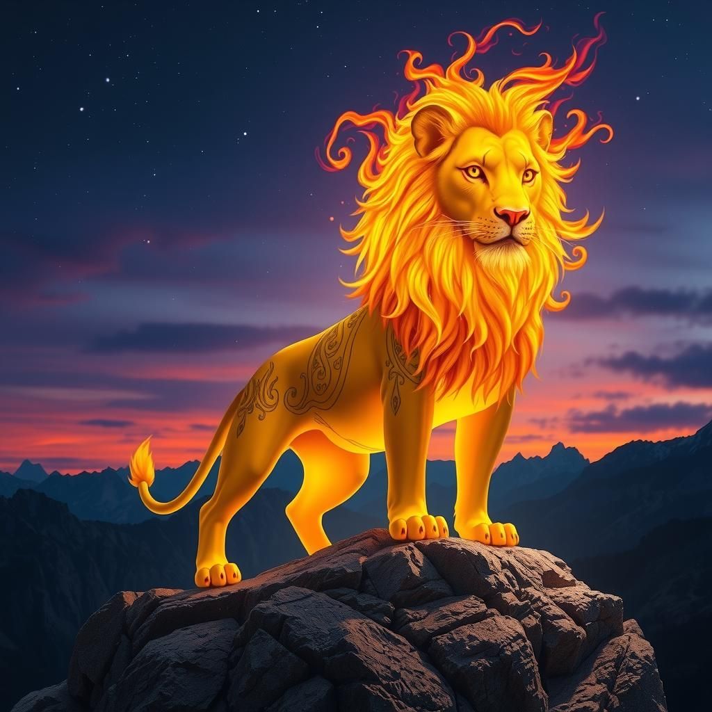 Mythical Lion King on Mountain Peak at Twilight