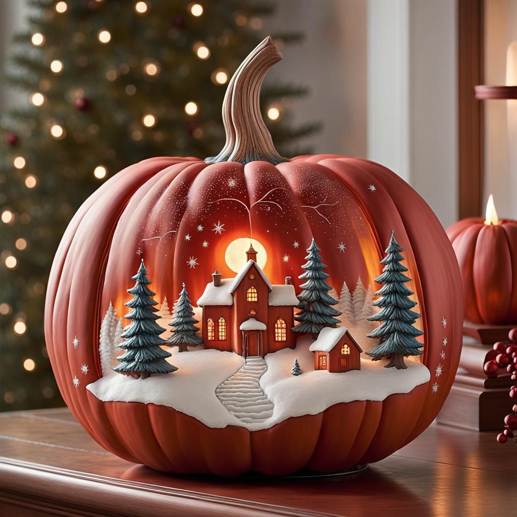 A breathtaking clay potter pumpkin captures the enchantment of a red Christmas night.