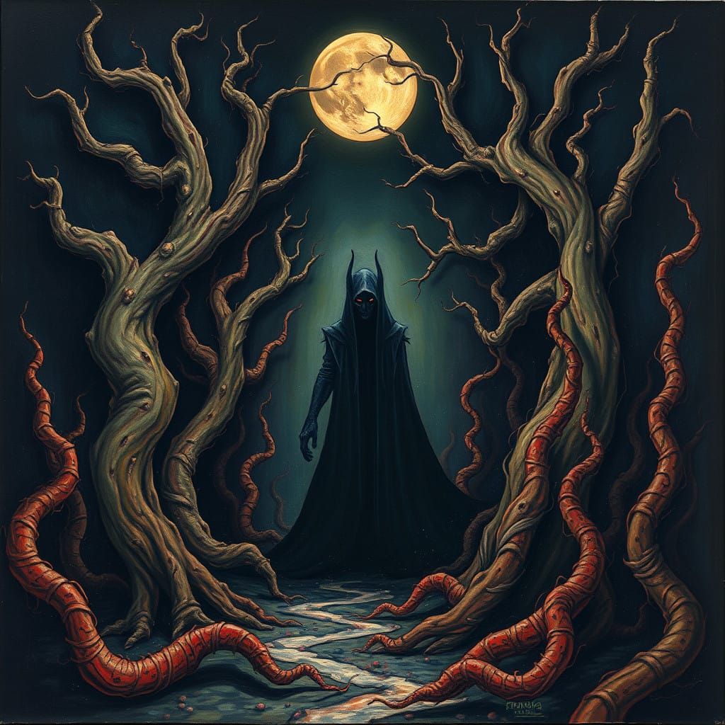 Eerie Gouache Portrait of Maldoror in a Dark, Twisted Landsc...