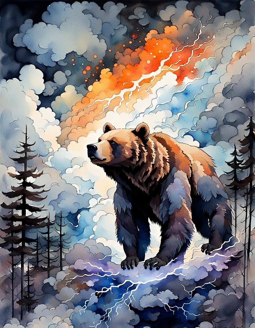 Mythical Winged Bear Watercolor Painting