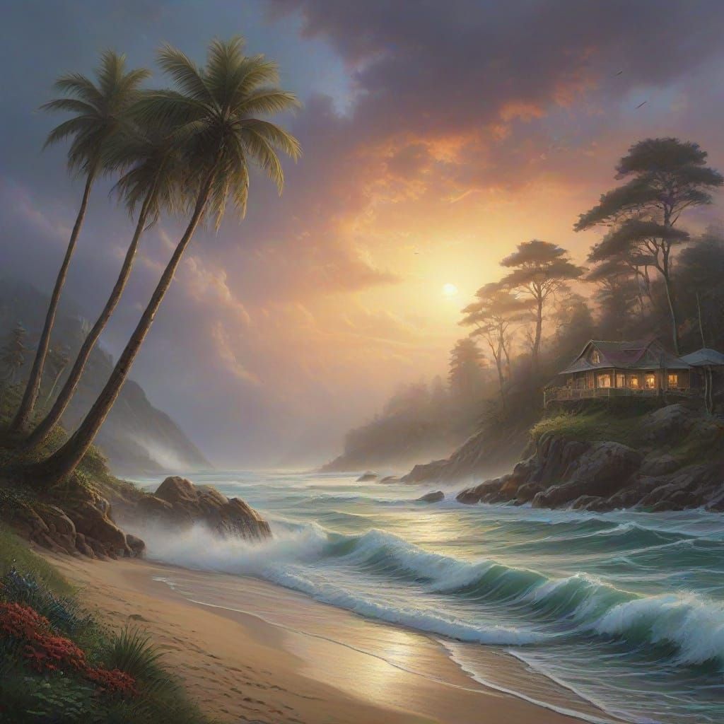 The trees leaning with the force of the wind, a hurricane at a modern day beach.