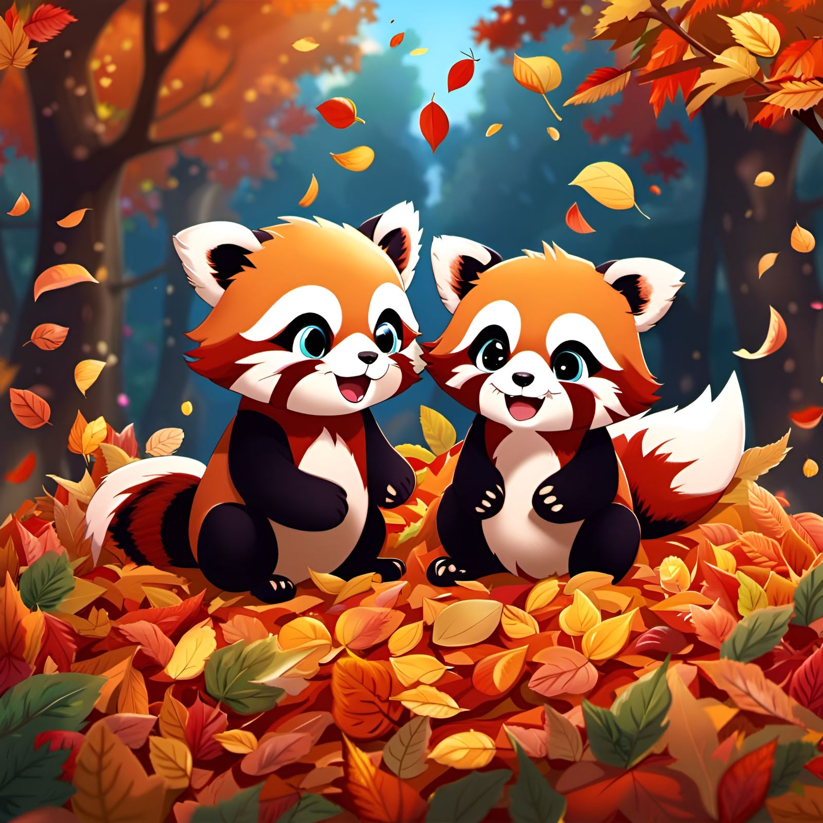 red panda playing in a pile of autumn leaves