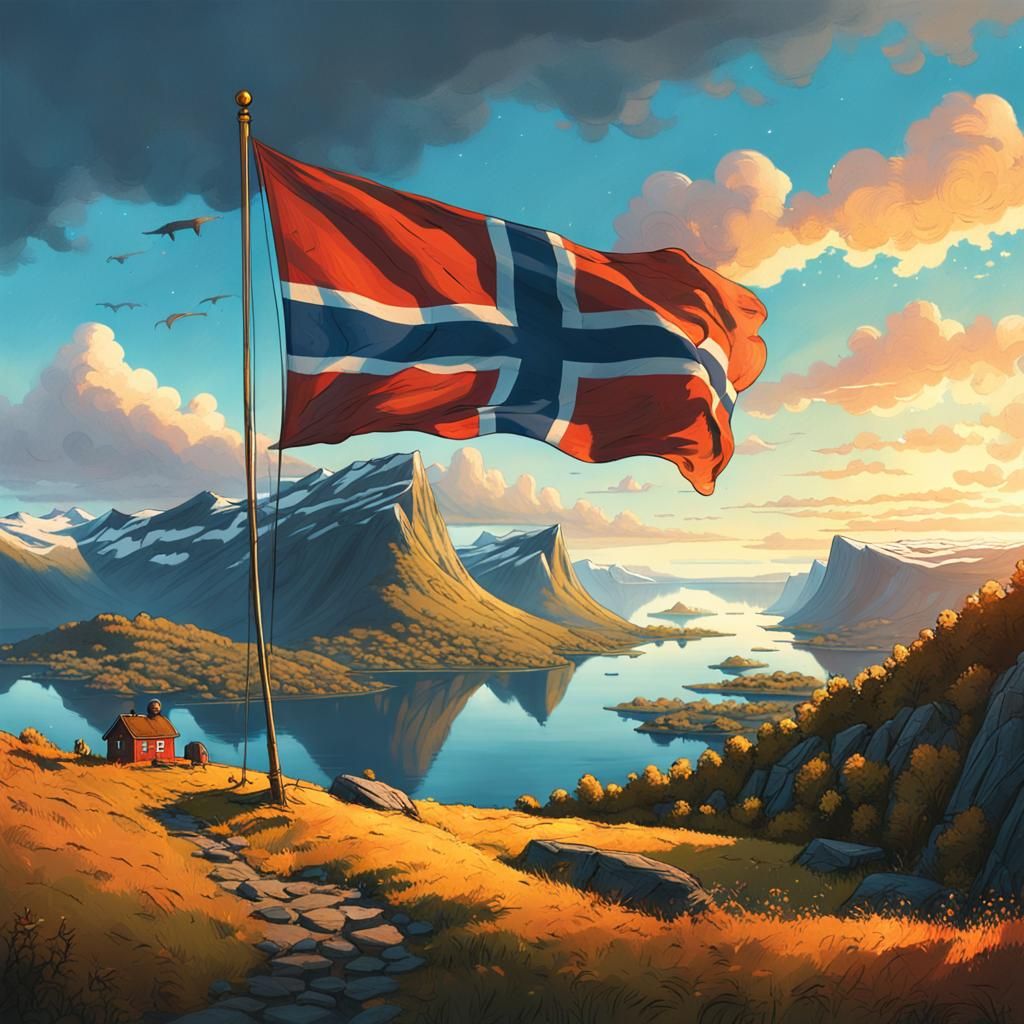 Norway Flag on Hill in Fantasy Dreamscape