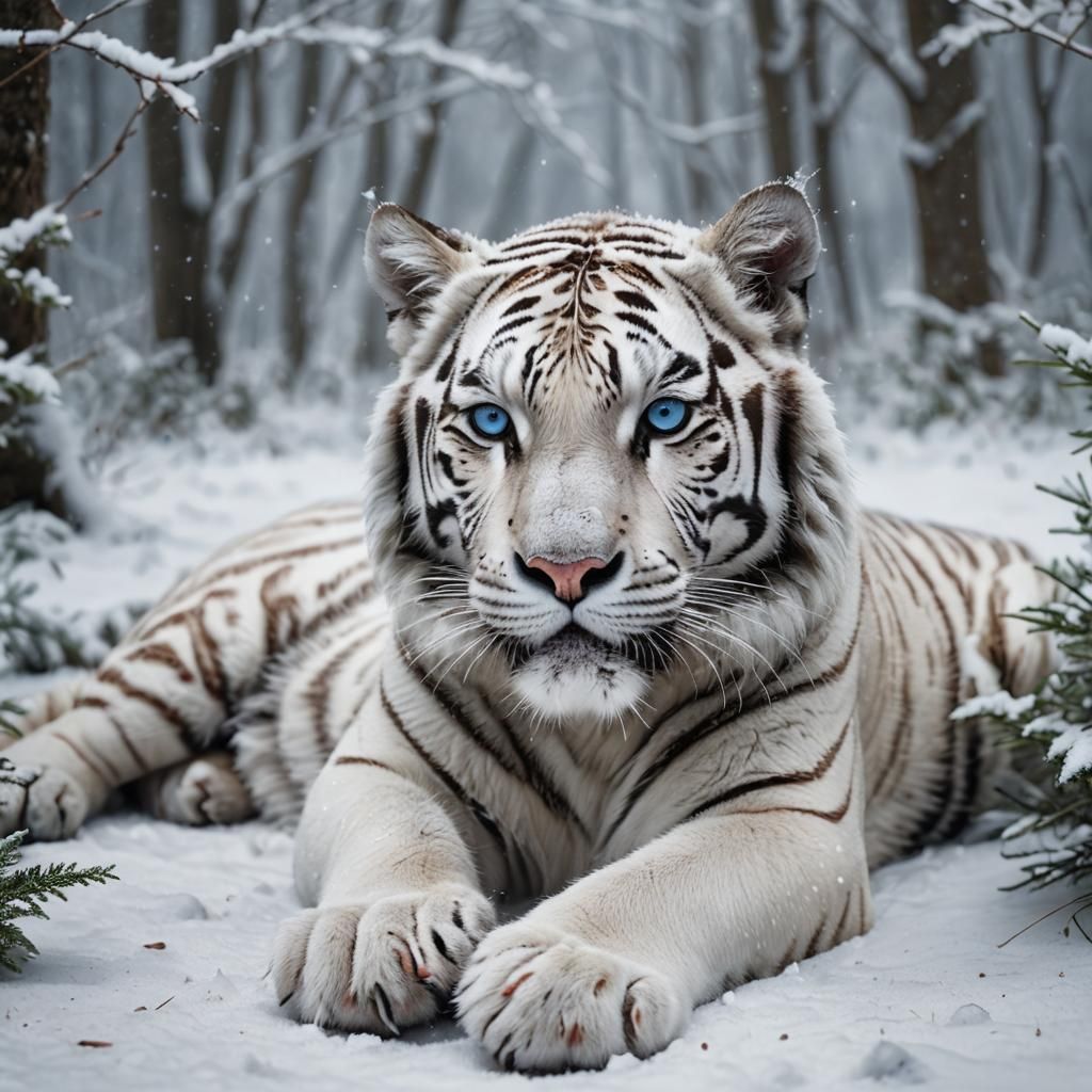 White Tiger Cub in Winter Forest: Realistic Digital Art